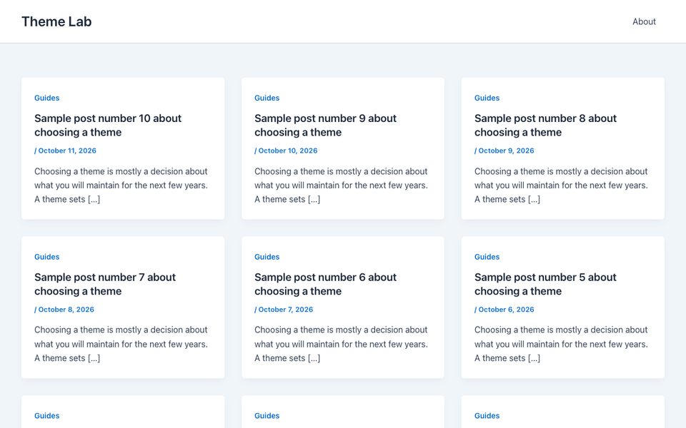 Astra homepage on our test site with 10 identical posts