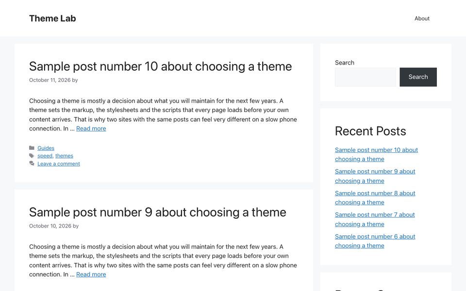 GeneratePress homepage on our test site with 10 identical posts