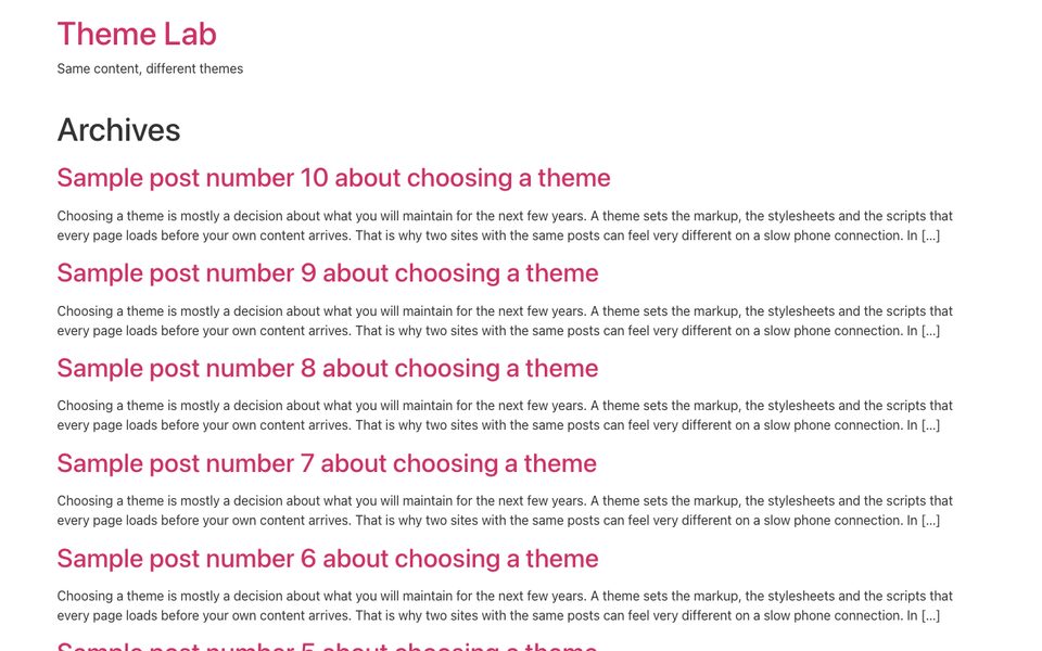 Hello Elementor homepage on our test site with 10 identical posts