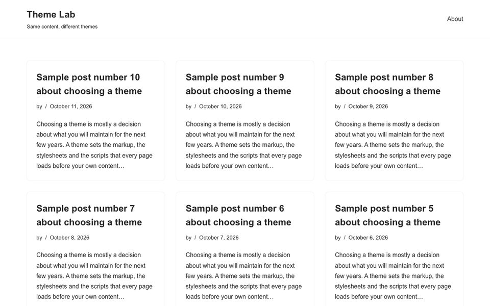 Neve homepage on our test site with 10 identical posts