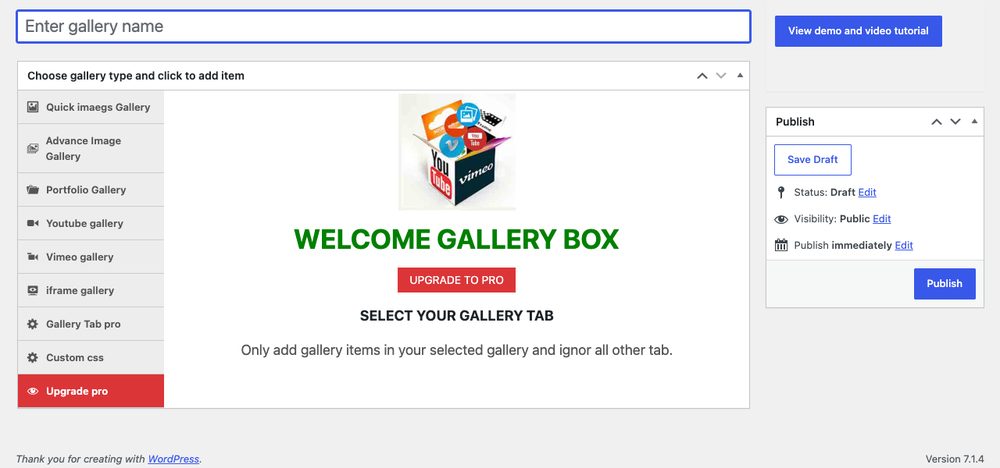 Gallery Box editor with the list of gallery types